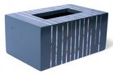 Blue rectangular planter with vertical slats on a white background