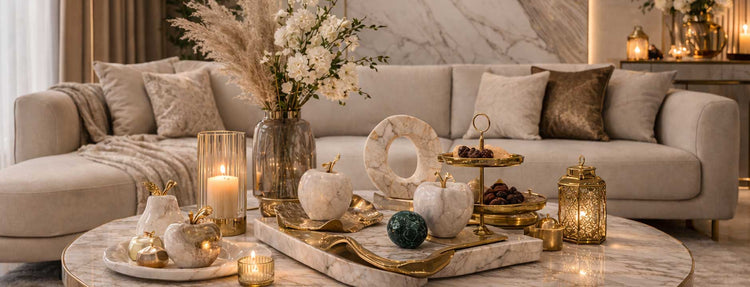 Luxurious living room with a sofa, coffee table, and decorative items.