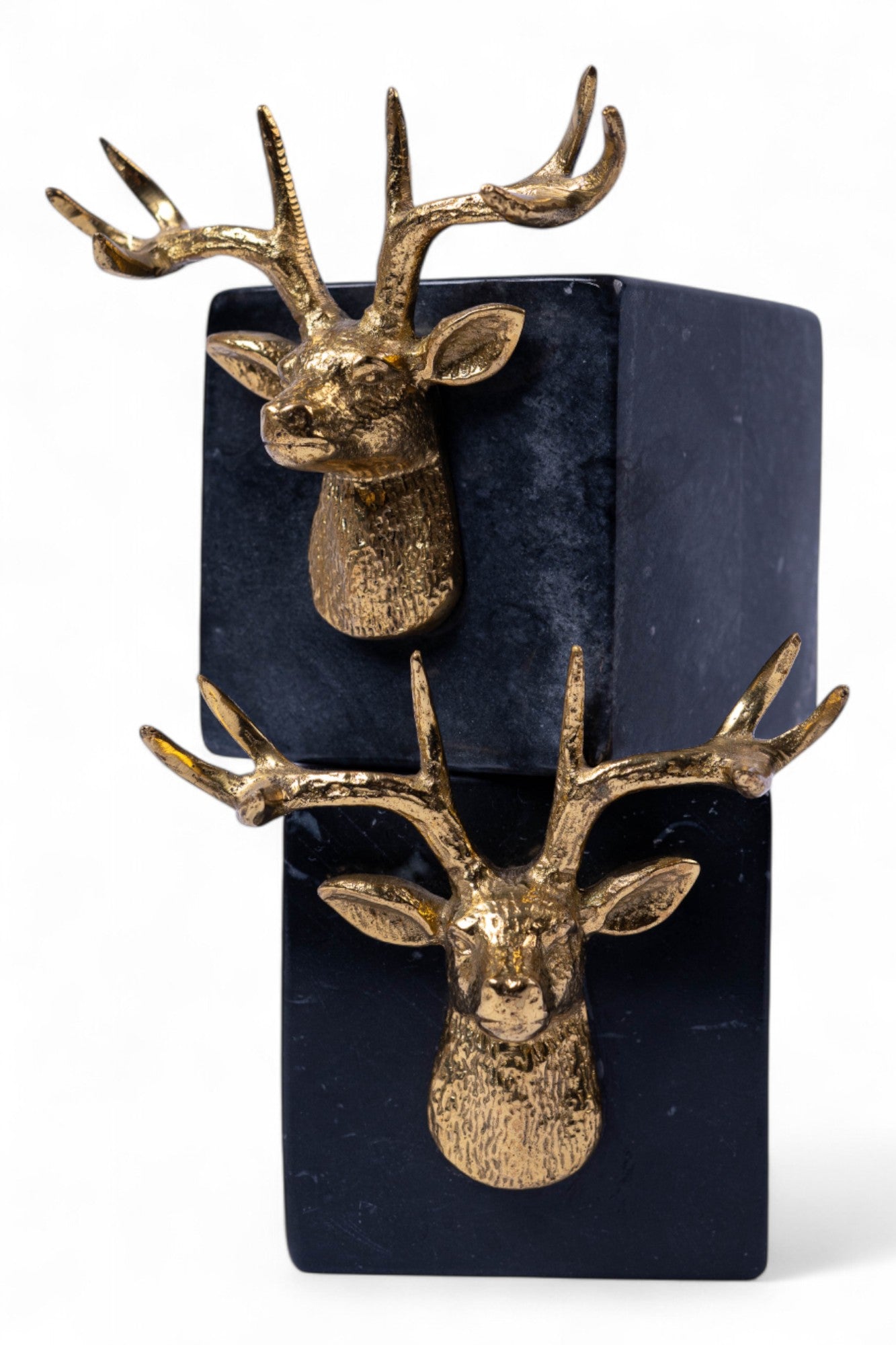 Two gold deer head wall hooks on a black cube background