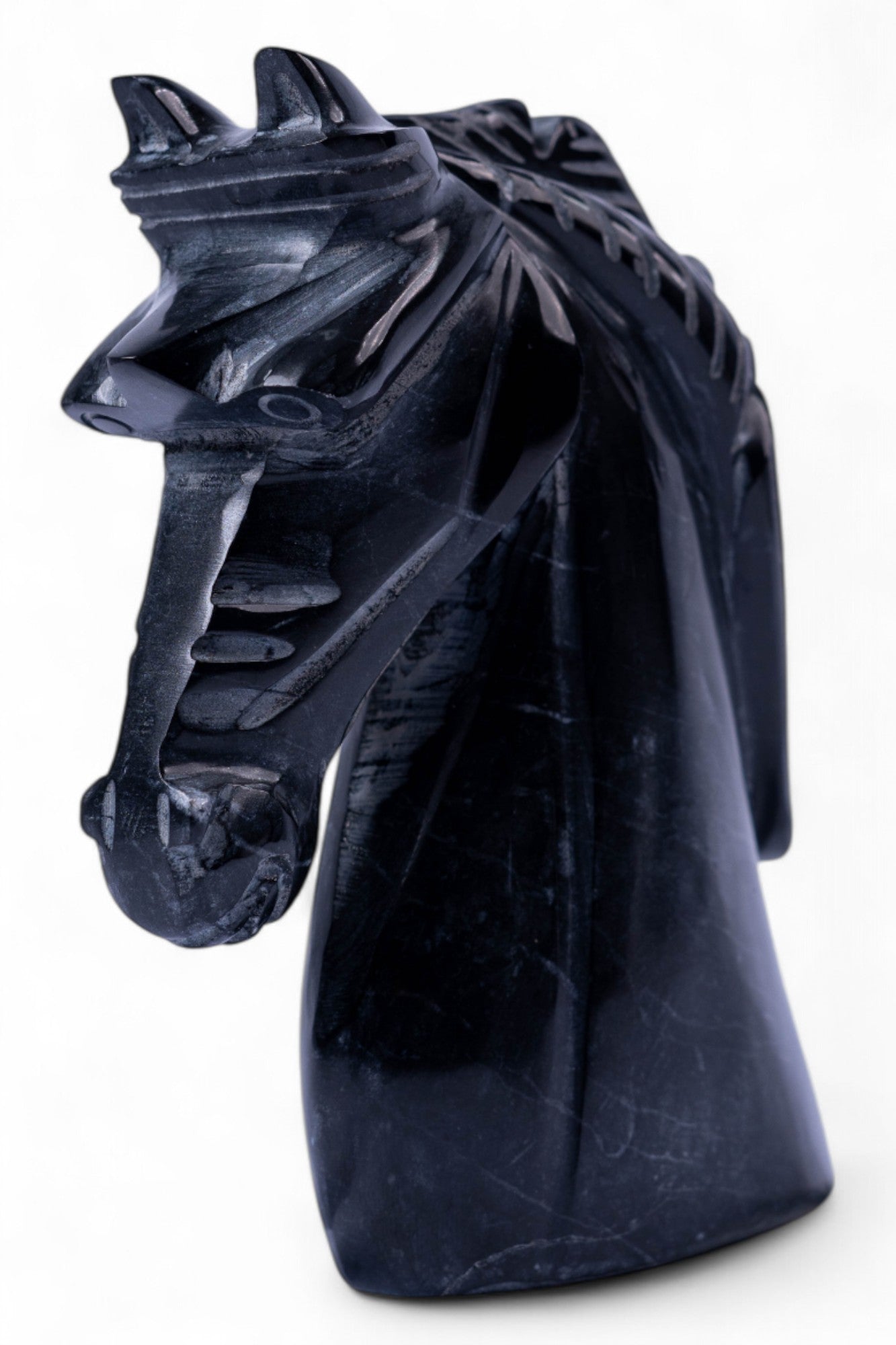 Black dragon head sculpture on a white background