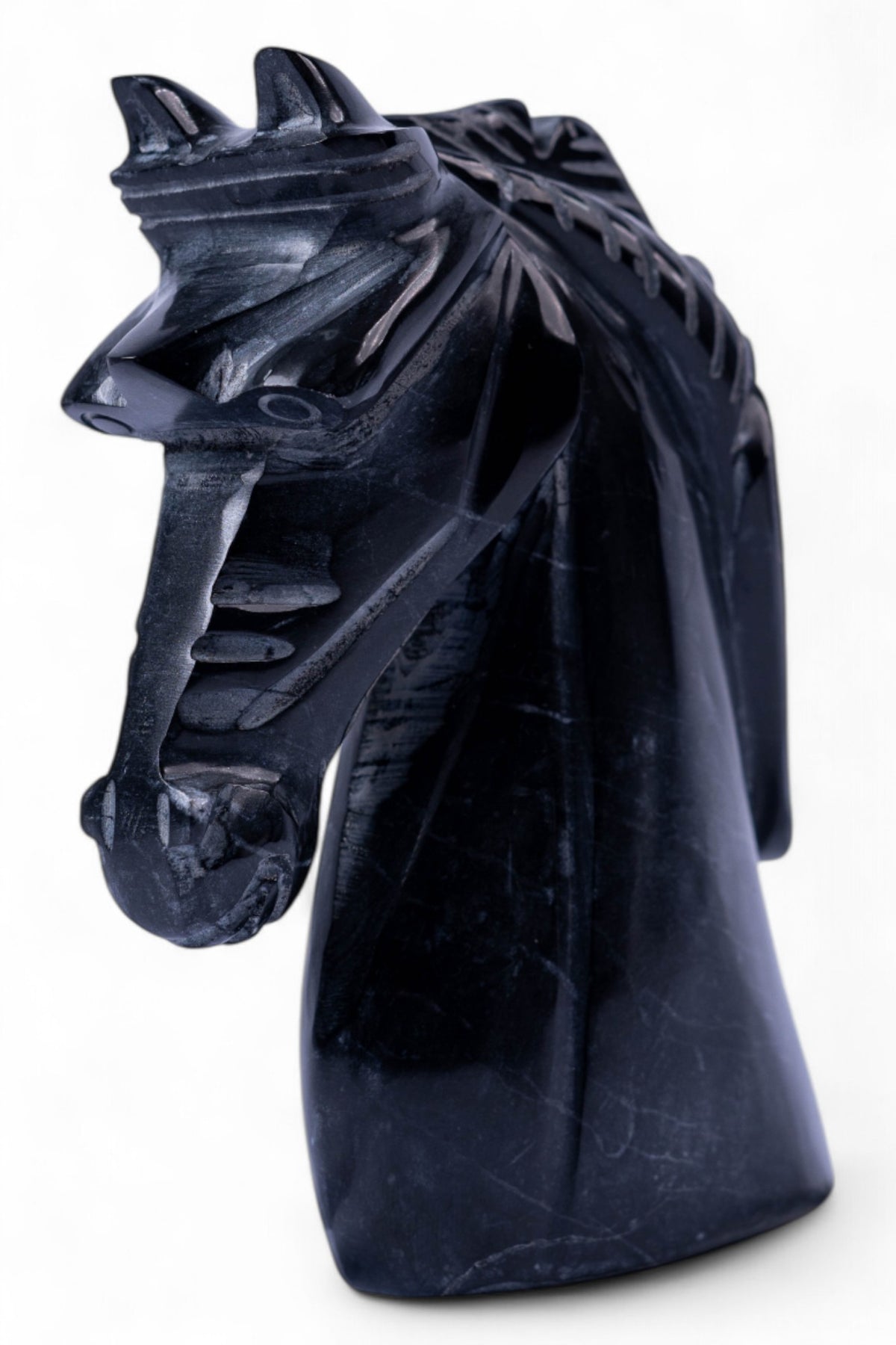 Black dragon head sculpture on a white background