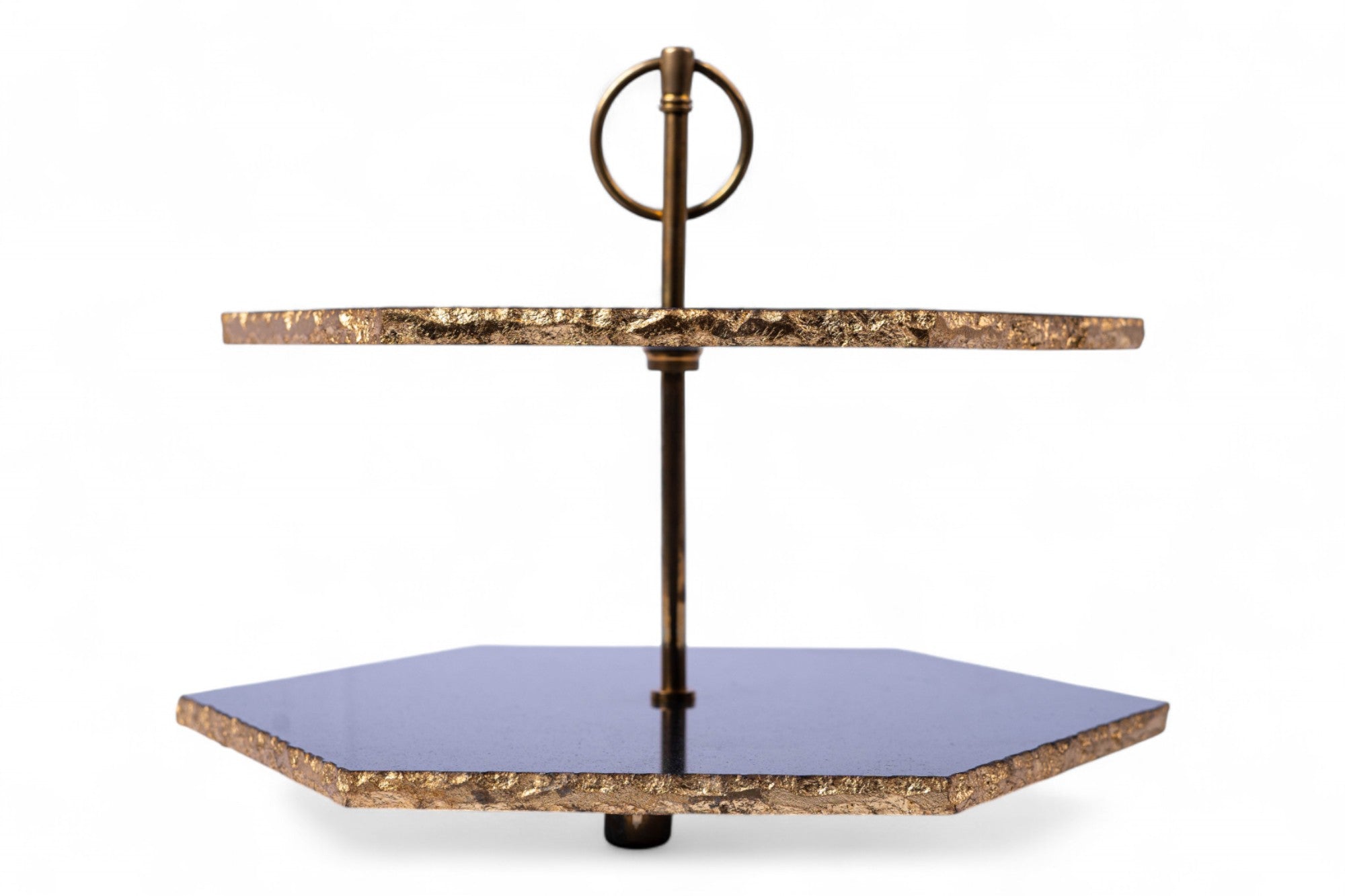 Two-tiered serving tray with marble-like finish and purple glass bottom on a white background