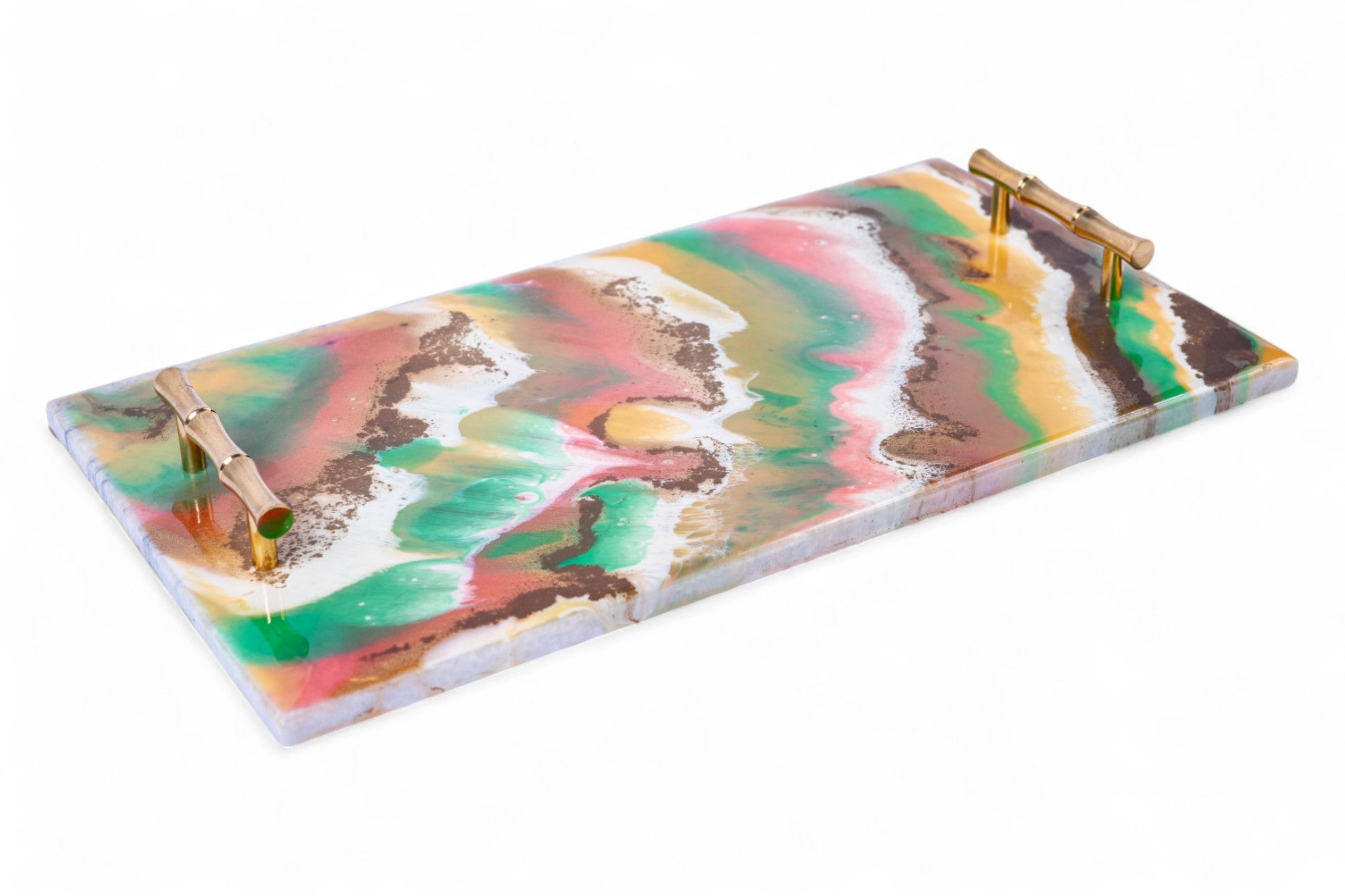 Colorful marbled design tray with gold accents on a white background