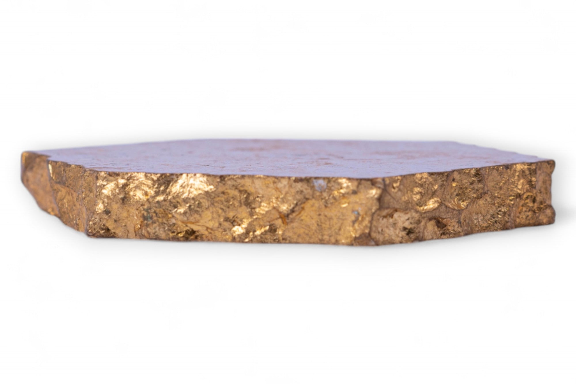 Decorative tray with gold base and purple stone top on a white background