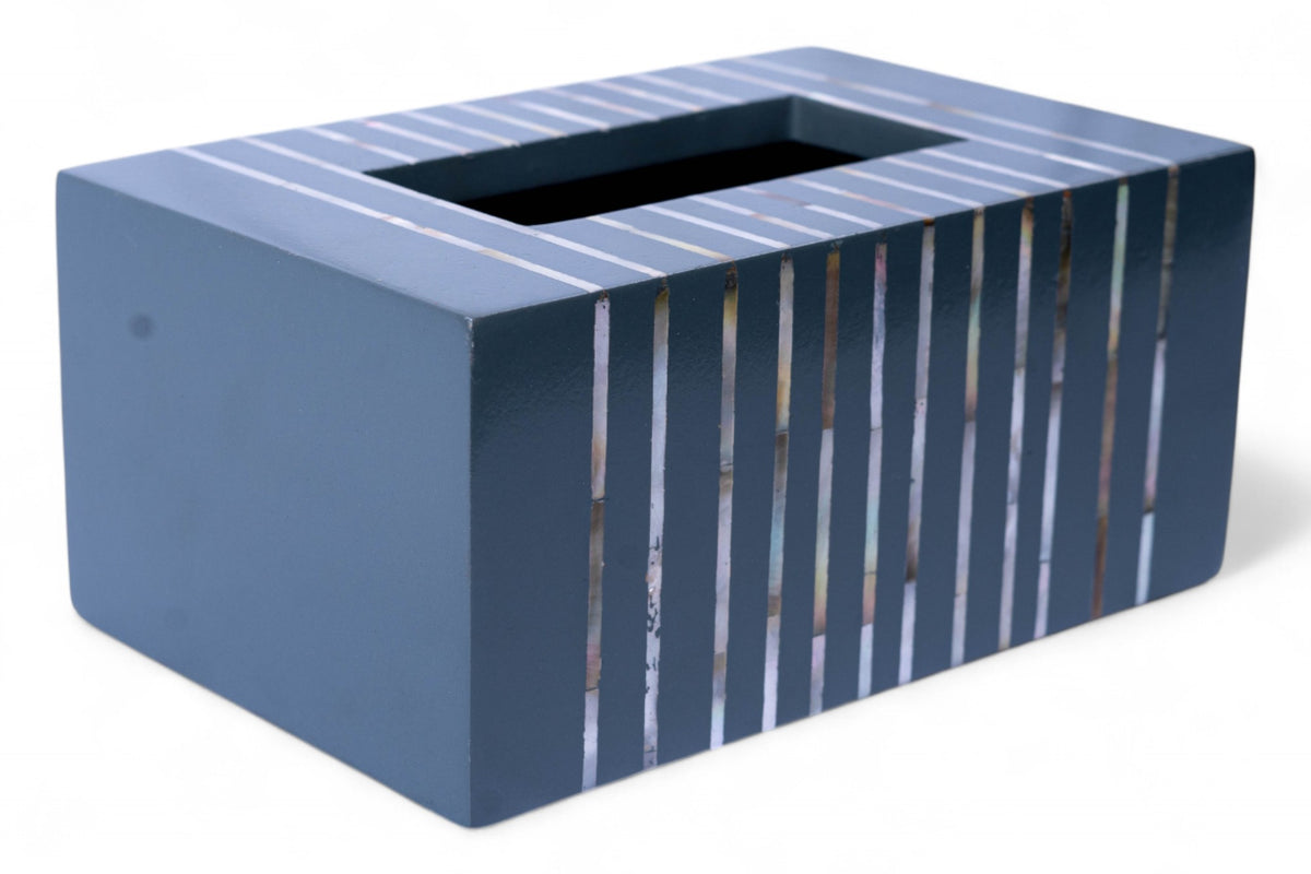 Blue rectangular planter with vertical slats on a white background