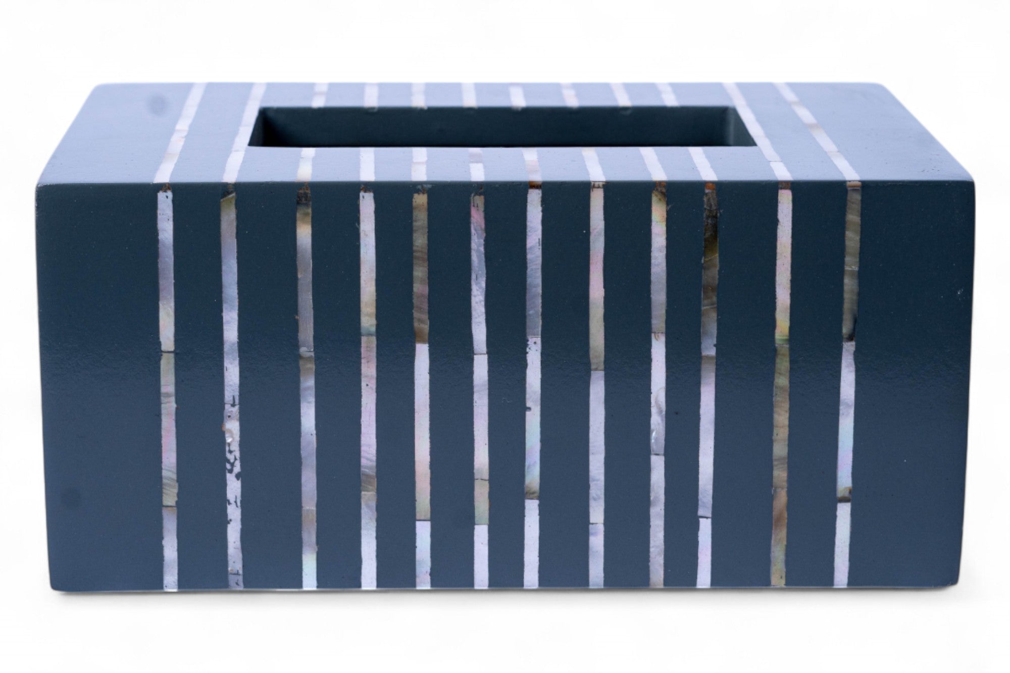 Rectangular planter with blue and white striped pattern on a white background