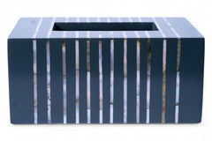 Rectangular planter with blue and white striped pattern on a white background