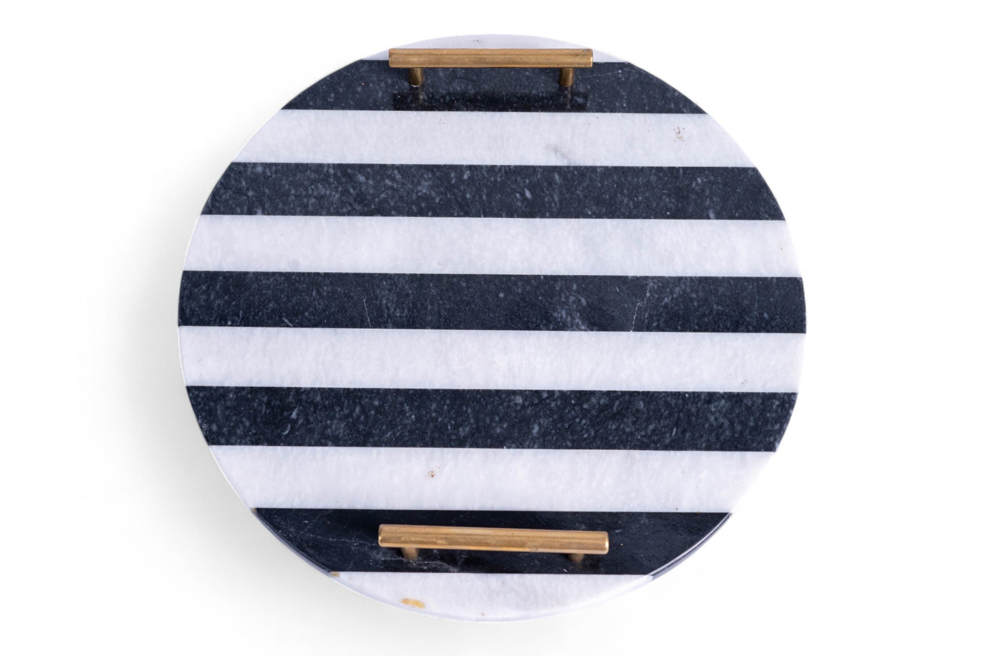 Round marble cutting board with black and white stripes on a white background