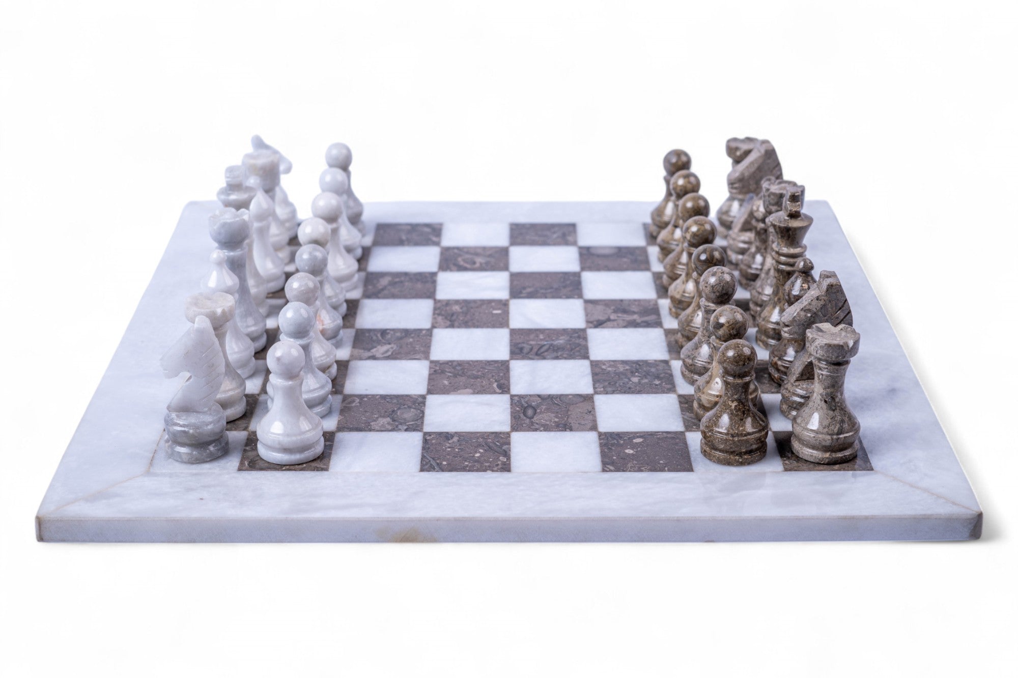 Marble chess set with white and gray pieces on a checkered board.