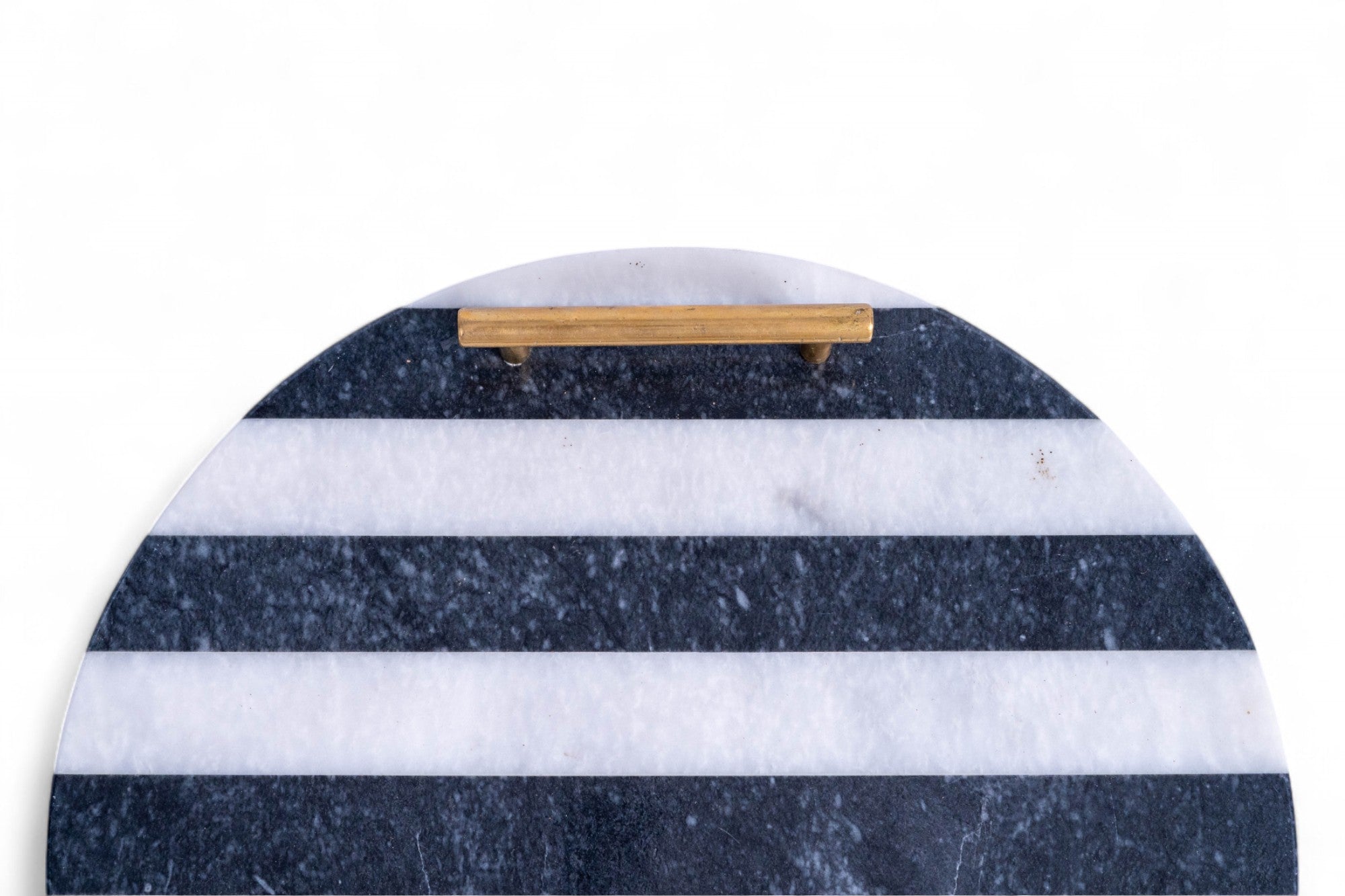Marble cutting board with blue and white stripes and a wooden handle on a white background