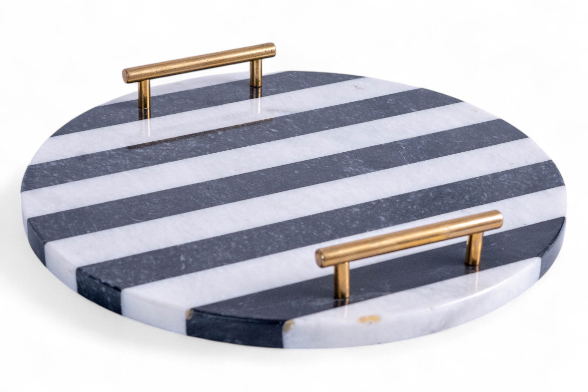 Round marble tray with blue and white striped pattern and gold handles on a white background