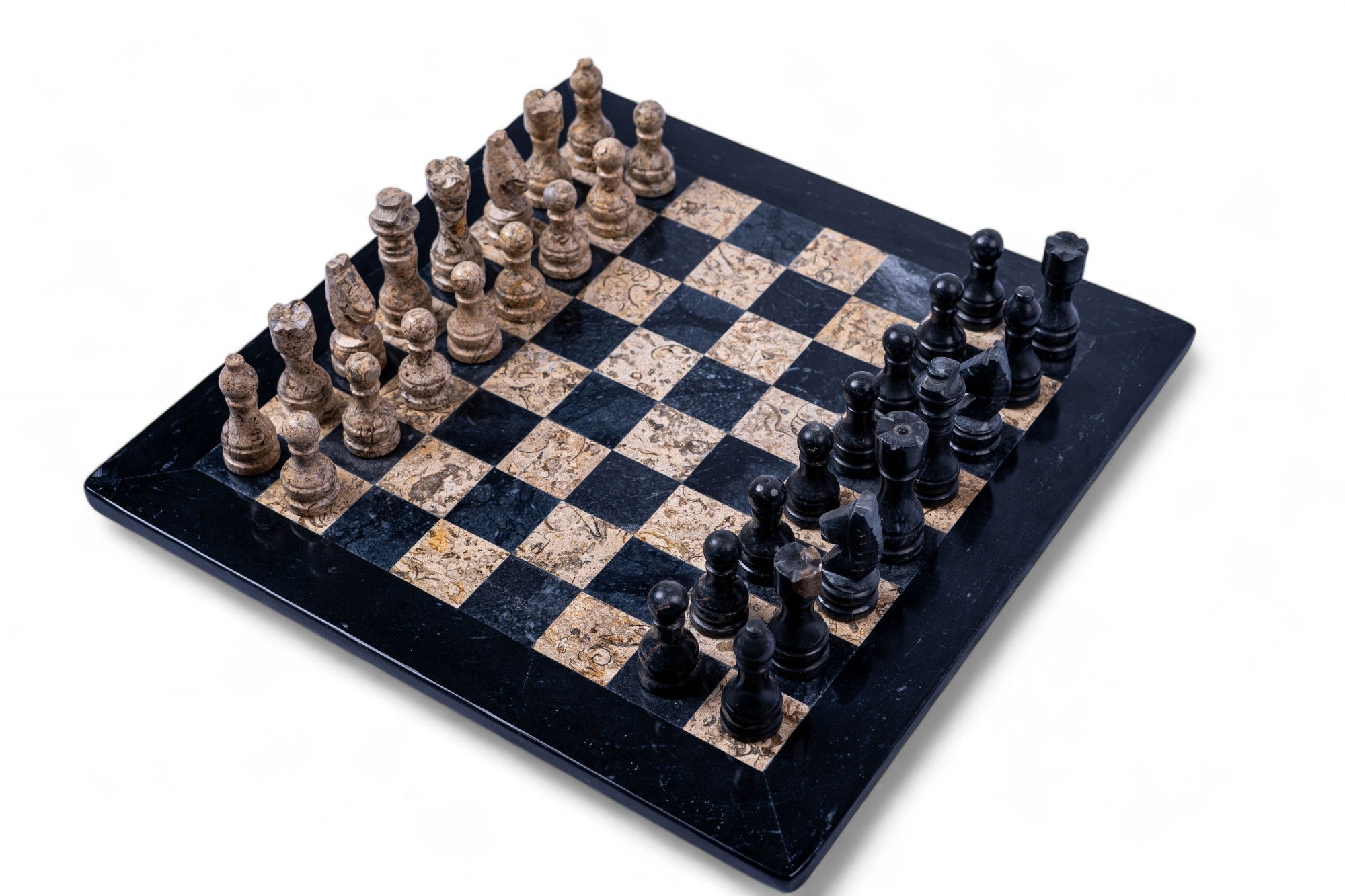 Chessboard with pieces on a white background