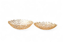 Two gold decorative bowls with a coral-like texture on a white background