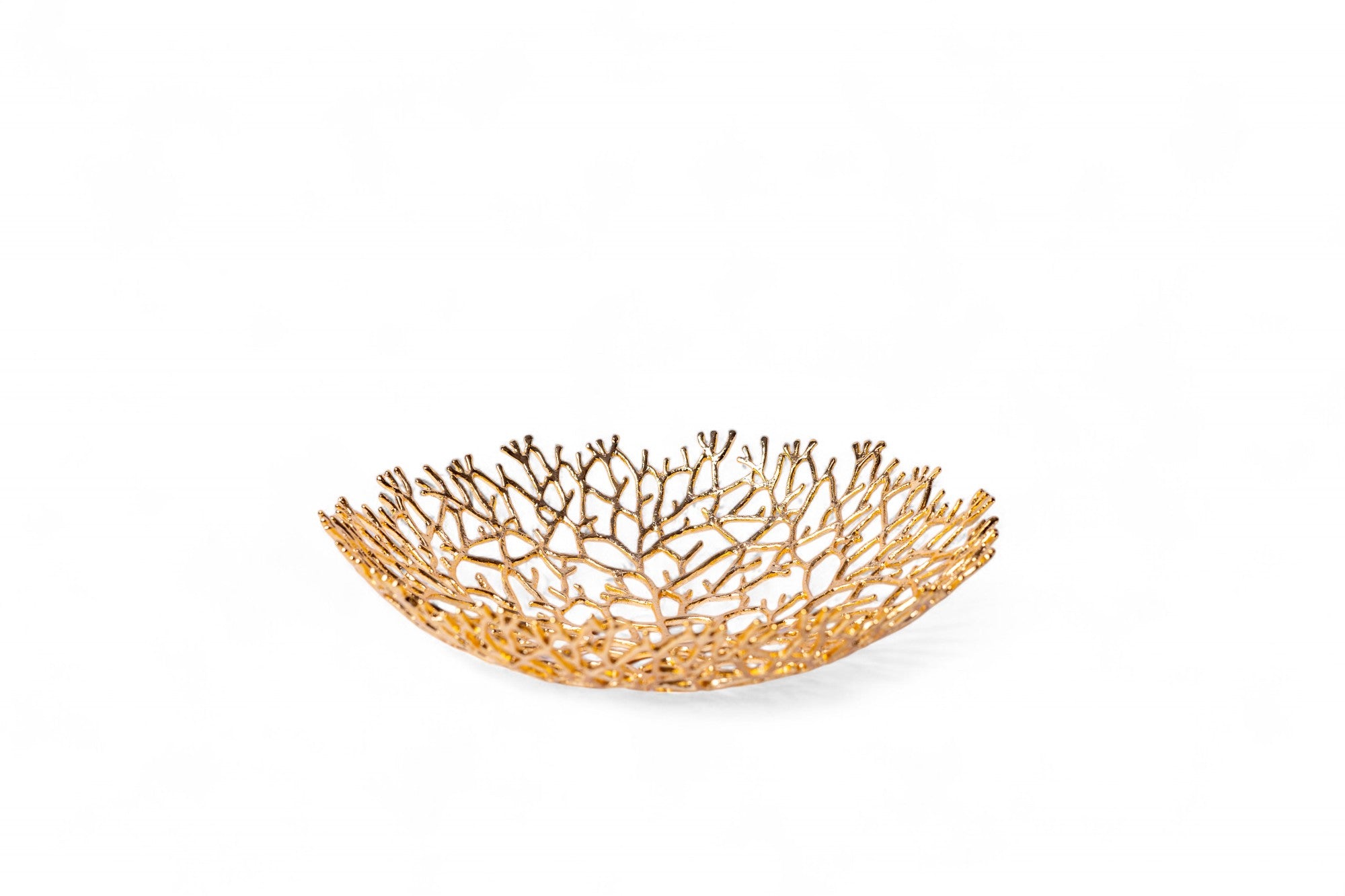 Gold decorative bowl with a coral-like design on a white background