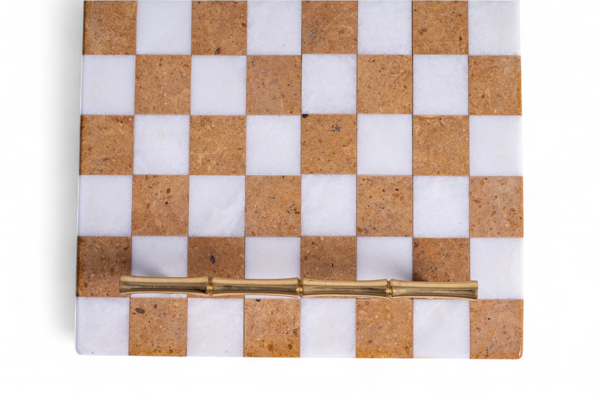 Checkered board with cork and white squares and a gold piece on a white background
