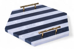 Navy and white striped tray with gold handles on a white background