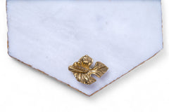 Gold brooch on a light blue fabric background