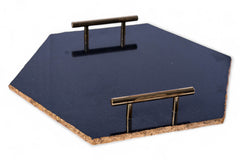 Hexagonal cork board with two metal brackets on a white background