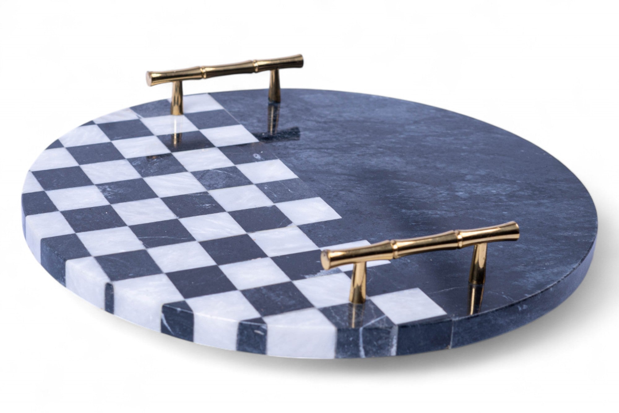 Round marble tray with checkered pattern and gold handles on a white background