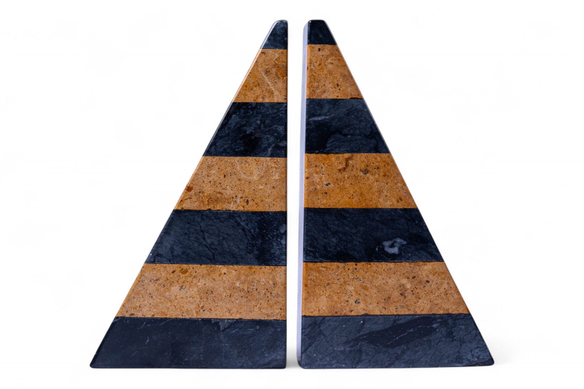 Pair of triangular bookends with striped pattern on a white background