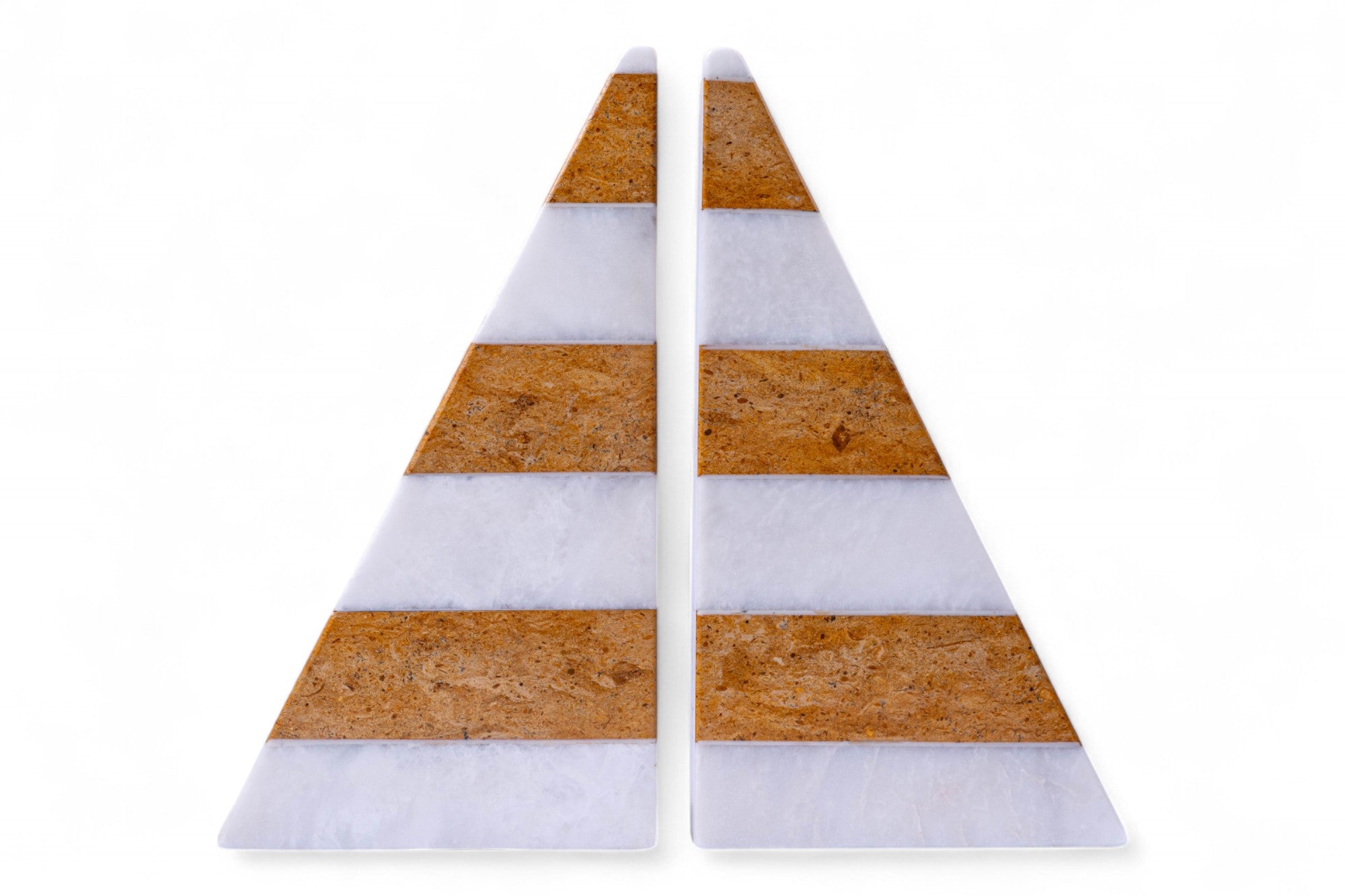 Two triangular coasters with cork and white stripes on a white background