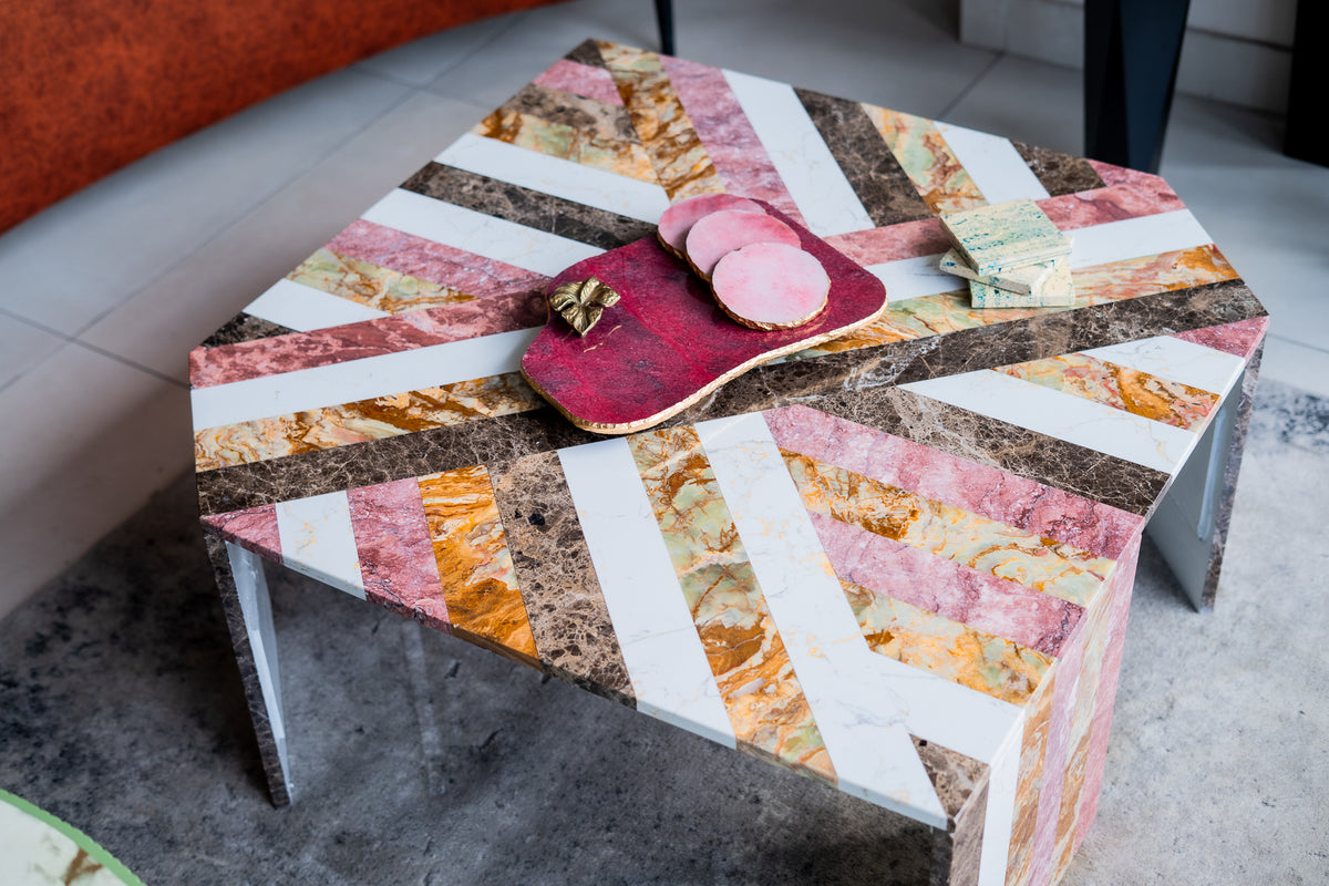 Decorative coffee table with a geometric pattern in a living room setting